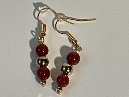 Red Agate Earrings with Gold Spacer and Seed Beads, Gold Hook, 1-Inch Dangle Fashion