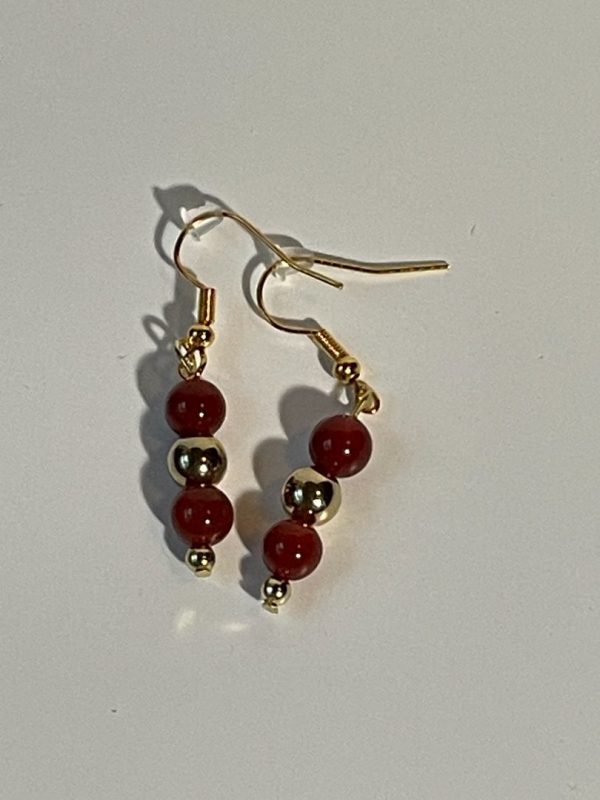 Red Agate Earrings with Gold Spacer and Seed Beads, Gold Hook, 1-Inch Dangle Fashion