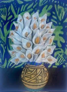 Acrylic Painting with Bah Relief Calla Lilies, Vase & Native Design 8x6 For Sale