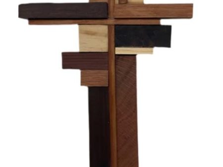 Abstract Cross with Black Walnut, Red Oak, Poplar, and Redwood – Handcrafted Wooden Religious Art 14  x 6  Fashion