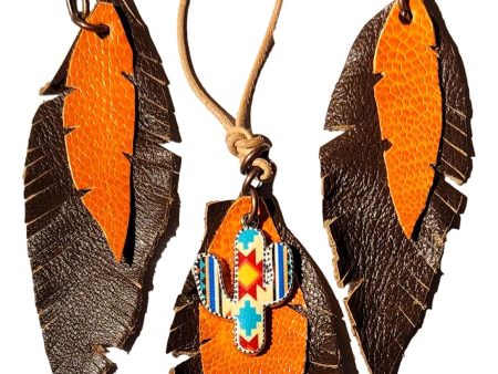 Orange and Brown Leather Dangle Earrings and Necklace Set – Earthy Leather Jewelry for a Natural, Bold Look Fashion