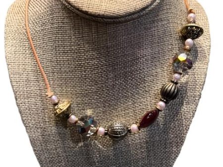 Necklace with Beads and Pearl on Beige Leather Cord - Handcrafted Jewelry For Cheap