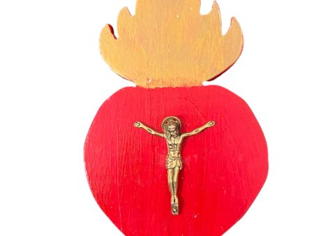 Sacred Heart Art with Crucifix – Hand-Painted on Wood 7 x4.5  on Sale