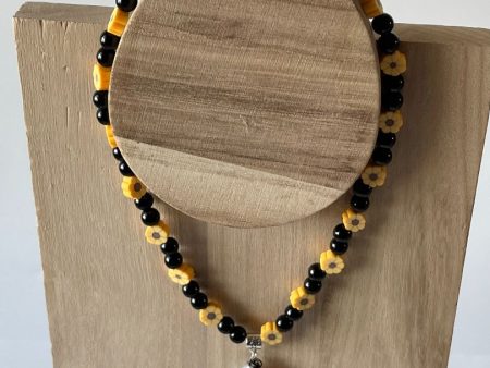 Black Obsidian & Sunflower Necklace - 17-Inch Resin Sunflower Pendant For Sale