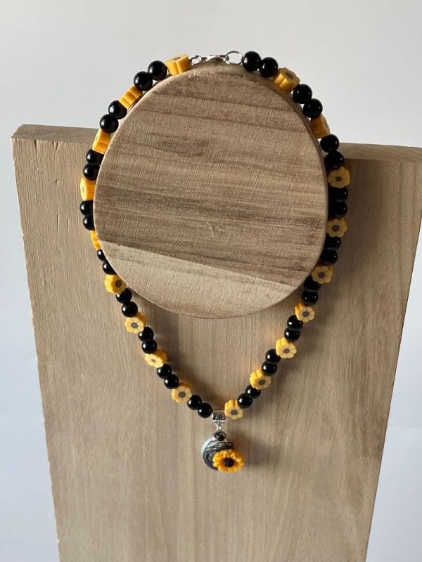 Black Obsidian & Sunflower Necklace - 17-Inch Resin Sunflower Pendant For Sale