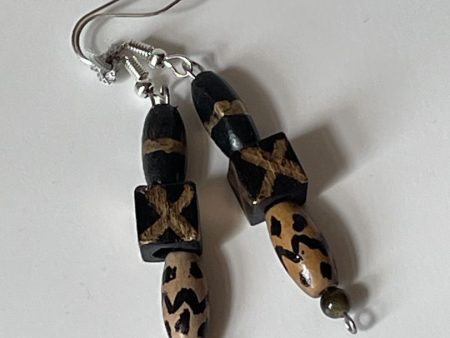 Dark Brown Bowling Pin Wood Earrings with Black Square Bead and Gold Accents, 2-Inch Dangle on Sale