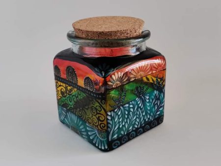 Cactus Themed Jar | Multicolored Desert Vibes | Handcrafted Decorative Jar 5.5  x 4.5  For Sale