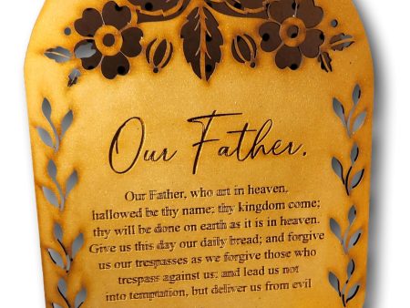 Our Father Prayer Plaque – 8 x10  Laser Cut Wood with Copper-Tone Detachable Base Supply