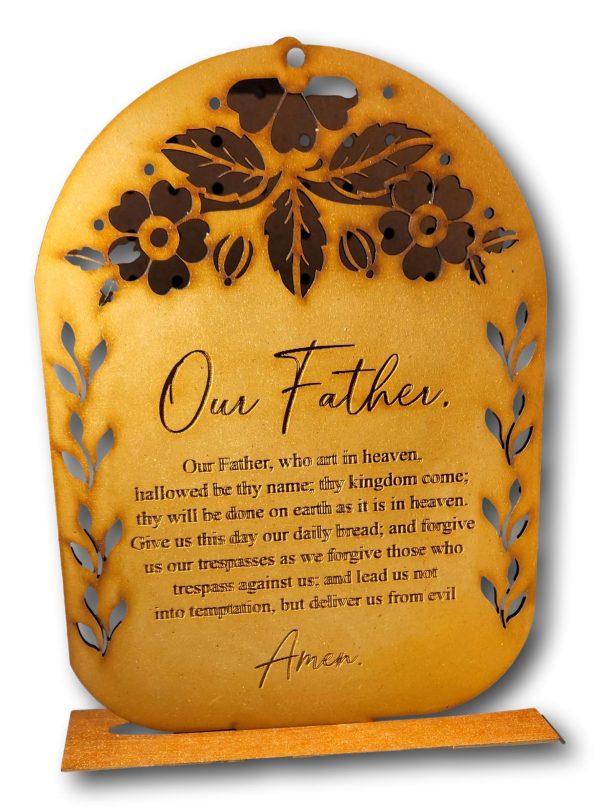 Our Father Prayer Plaque – 8 x10  Laser Cut Wood with Copper-Tone Detachable Base Supply